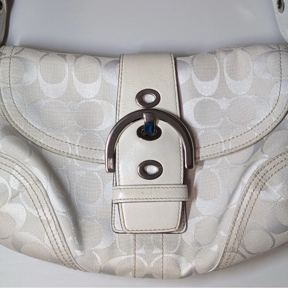 SOLD Coach White Shoulder Bag with Signature Monogram and Silver Hardware